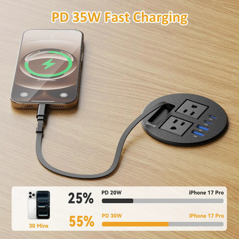 Slick Clutch Desk Power Grommet Featuring Retractable Usb C Cable Dual Ac Outlets And Multi Port Quick Charge Hub for charging iPhone 17 Pro.