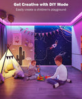 Installed RGB LED strip lights along ceiling in a kids' playroom; 2 rolls of 50 ft, Bluetooth app control.