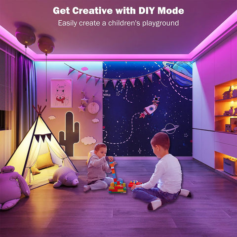 Installed RGB LED strip lights along ceiling in a kids' playroom; 2 rolls of 50 ft, Bluetooth app control.
