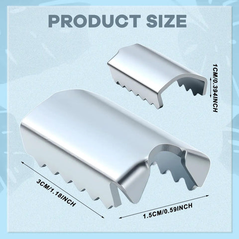 16 Pack Patio Umbrella Rib End Clips 1 Inch in silver, showing dimensions, for securing canopy fabric and repairing ribs.