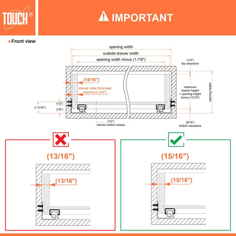 Diagram showing installation measurements for Under Mount Drawer Slide Three Quarter Inch Self Close, 18 Inch, Six Pairs.