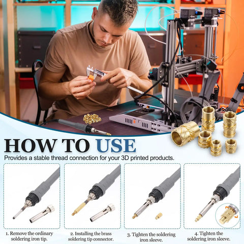 How to use Heat Set Threaded Inserts Kit With Soldering Iron Tip Press Tool M3 x 0.5mm 12x5mm Brass Knurled Embedding Nuts