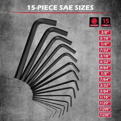 15-piece SAE hex keys from 41 Piece Hex Key And Torx Wrench Set With Torque Handle, various sizes displayed on textured background.