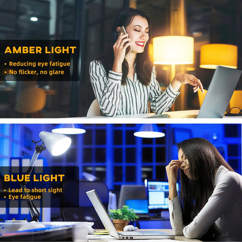 Comparison of amber light and blue light effects on eye comfort while working near screens.