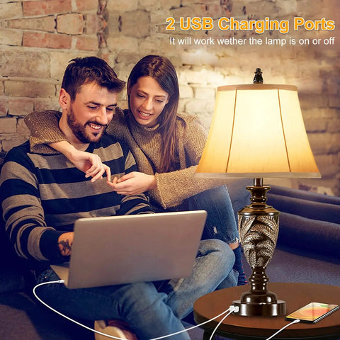 Couple using laptop near Farmhouse Table Lamp Set Of 2 With 3 Way Dimming Vintage Bedside Lamps With USB Ports And Included LED Bulbs