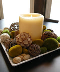 Ivory Grand Pillar Flameless LED Candle With Moving Flame, Battery Powered Real Wax, 6.25 x 10.6 Inch on decorated tray