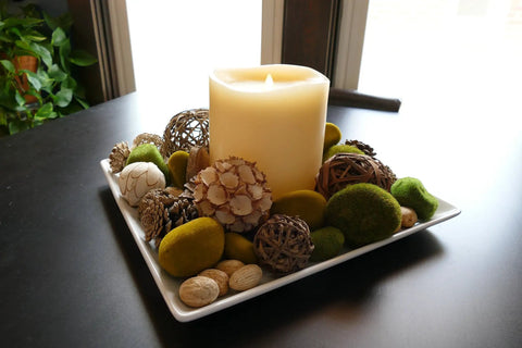 Ivory Grand Pillar Flameless LED Candle With Moving Flame, Battery Powered Real Wax, 6.25 x 10.6 Inch on decorated tray