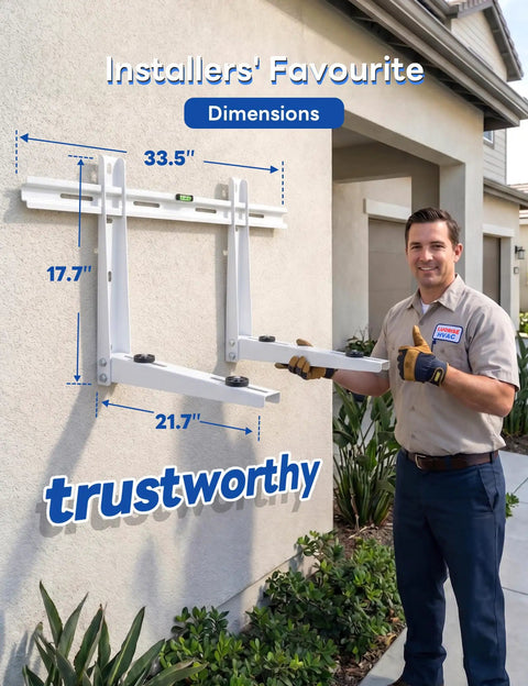 Installer mounting Beefy Heavy Duty Wall Mount Bracket for Mini Split Systems, dimensions 33.5" x 17.7" x 21.7" visible