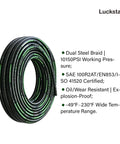 Luckstar hydraulic hose coil, front view, black with green stripe, 1/4-inch diameter, dual steel braid