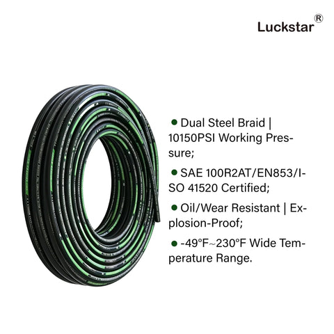 Luckstar hydraulic hose coil, front view, black with green stripe, 1/4-inch diameter, dual steel braid