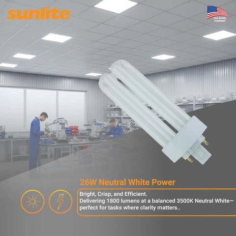 Compact Fluorescent Plug In Tube Light 26W 1800 Lumens 4 Pin GX24q3 Base Neutral White 3500K 10 Pack Energy Efficient Office And Home Lighting With Long Life Budget Friendly displayed in modern office space