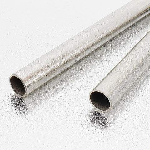 Side view of two stainless steel round tubes, 7/8 in outer diameter, 0.06 in wall, 12 in length, rustproof weldable pipe