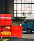 Heavy Duty 5-Drawer Rolling Tool Chest On Wheels With Lockable Drawers And Keyed Entry in garage setting.