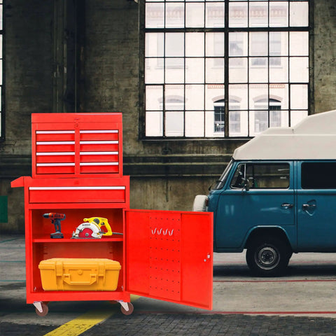 Heavy Duty 5-Drawer Rolling Tool Chest On Wheels With Lockable Drawers And Keyed Entry in garage setting.