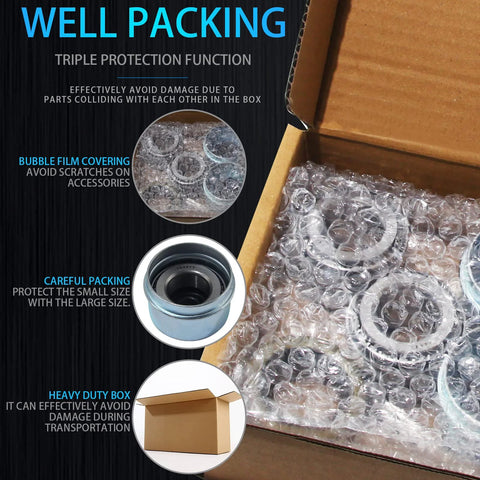 iBroPrat 2-set trailer axle bearing kit for 1-1/16 in axles; grease seals and dust covers in bubble wrap