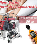 Heavy Duty Airless Paint Sprayer With Fifty Foot Hose And Three Swappable Tips Crush Exterior Painting Projects On Homes Fences And Decks Straight From The Paint Bucket Save Serious Sweat Equity And Get Her Done Quick displayed with a sound meter showing 50 dB.