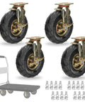 Set of 4 Straight Up Heavy Duty 10 Inch Pneumatic Casters with air-filled rubber wheels, ideal for utility carts and shop gear.