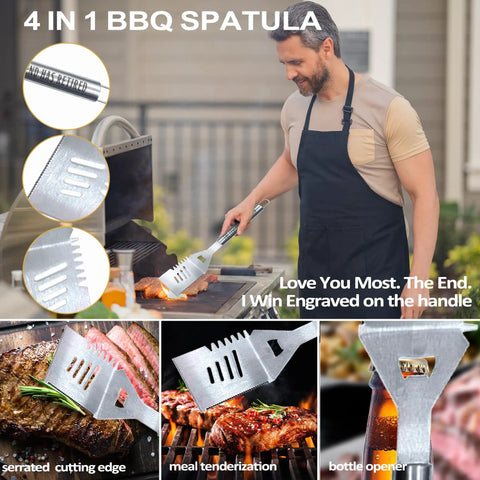Heavy Duty Grillin Gift Set For Retired Men Dad Grandpa Boss Coworker Teacher BBQ Lovers man using spatula at grill