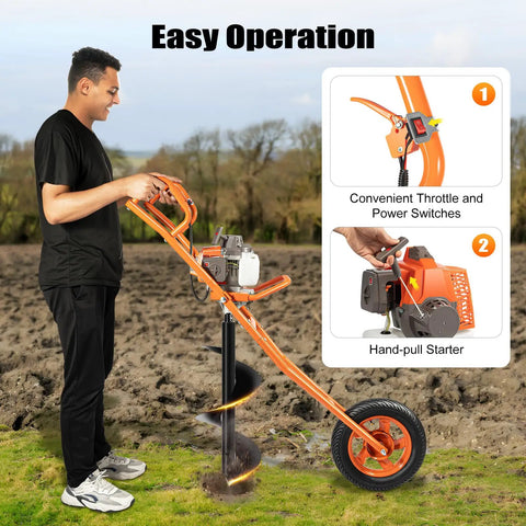 Powerful Gas Powered Earth Auger Post Hole Digger 63cc 3HP 2 Stroke With 11 Inch Bit in use with wheel transport design