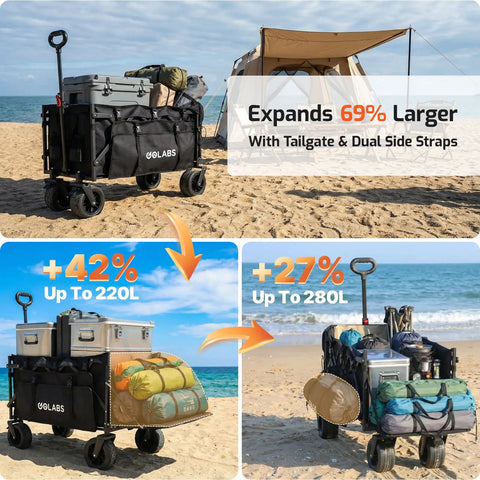 Beefy Heavy Duty Garden And Beach Wagon Cart With Brakes Expands To 280L Storage 560 Lbs Load on beach with camping gear