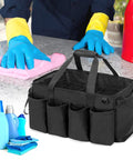 Big Ol Extra Large Cleaning Caddy Organizer With Sturdy Handles Five-Compartment Tote For Car, Home And Housekeeping Supplies Large Capacity Storage Bag Black on countertop with cleaning supplies