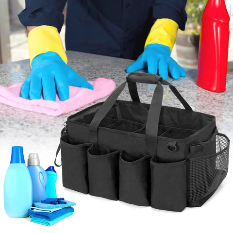 Big Ol Extra Large Cleaning Caddy Organizer With Sturdy Handles Five-Compartment Tote For Car, Home And Housekeeping Supplies Large Capacity Storage Bag Black on countertop with cleaning supplies