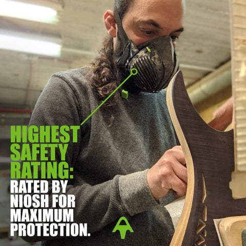Person wearing Half Face Respirator With Replaceable Twin Filters For Dust Protection, 99.99 Percent Filtration in woodworking.