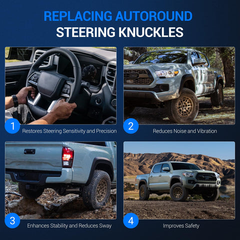 Image showing benefits of replacing autoround steering knuckles: sensitivity, noise reduction, stability, safety.
