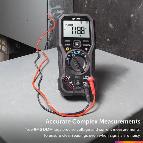 DM93-2 True RMS Industrial Digital Multimeter with 5 digit 40000 count dual display and LED backlight on a workbench