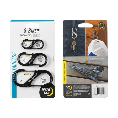SlideLock Stainless Steel S Biner Dual Gate Carabiner With Locking Mechanism For Everyday Carry packaging front and back view