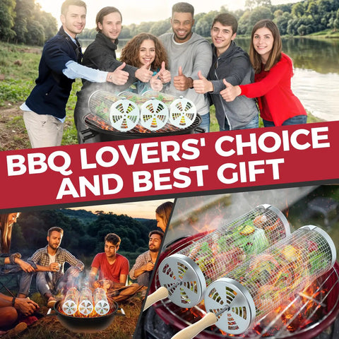 Group celebrating with Two Piece Rolling Grill Basket With Removable Wood Handles, 304 Stainless Steel Mesh at outdoor BBQ