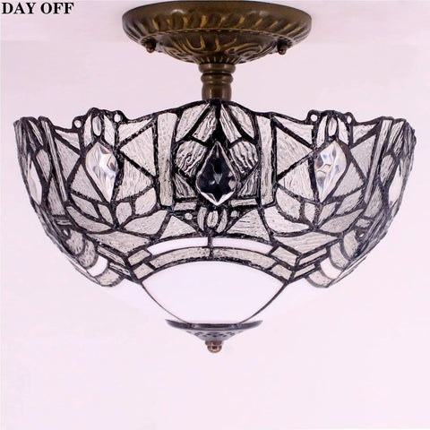 Crystal Bead Tiffany Style Glam Ceiling Light Fixture White Stained Glass Semi Flush Mount Lamp 12 Inch Wide 11 Inch High Antique Green Bronze Base Hardwired With 16 Inch Cord LED Ready