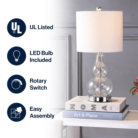 Clear Glass Table Lamp 20.5 Inches With White Linen Shade Sleek Modern Gourd Design LED Bulb Included UL Listed on nightstand