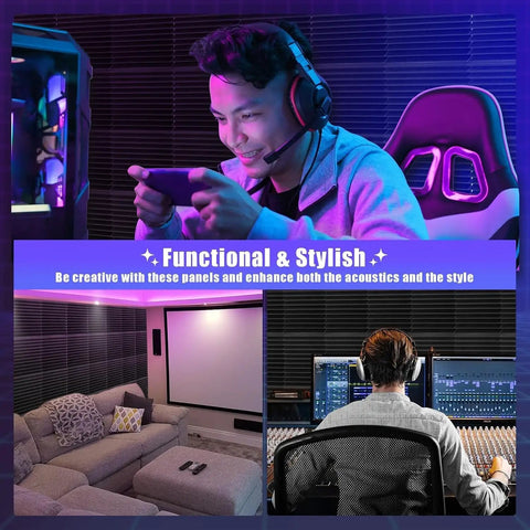 52 Pack Wedge Acoustic Foam Panels With Heavy Duty Self Adhesive To Ditch Echoes And Tame Bouncy Sounds Quick Peel Setup For Home Studios Gaming Rooms And Workspaces 1X12X12 Inches in use in gaming and studio settings.