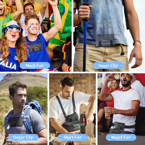 People using Waist Belt Portable Fan With Rechargeable Battery, Hands Free Wearable Personal Cooling during sports and hiking.