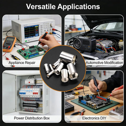 Top Notch 170 Piece Silver Plated Copper Wire Ferrules Kit With 8 AWG Sizes For Crimping Terminals To Stop Wire Fraying And Secure Loose Connections Perfect For Auto And Home Electrical Fixes, silver ferrules in use