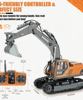 Rugged 3-In-1 RC Excavator Toy For Kids Ages 3-12 shown with controller and dimensions, showcasing kid-friendly design.