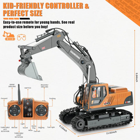 Rugged 3-In-1 RC Excavator Toy For Kids Ages 3-12 shown with controller and dimensions, showcasing kid-friendly design.