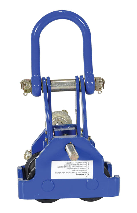 Front view of blue Steel Quick Install Manual Trolley 4000 Lb Capacity With Four Rollers Lifting Eye And Safety Ring 10 Inch Headroom