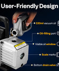 Close-up of Single Stage HVAC Vacuum Pump 3.5 CFM One Quarter Horsepower 110V with oil bottle pouring into oil-filling port