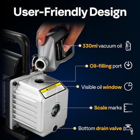 Close-up of Single Stage HVAC Vacuum Pump 3.5 CFM One Quarter Horsepower 110V with oil bottle pouring into oil-filling port