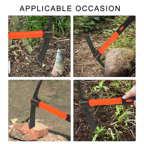 Beefy Heavy Duty Miniature Pick Mattock With Fiberglass Handle used in gardening, digging, and landscaping in various conditions.