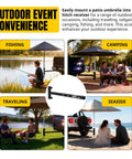 Four outdoor scenes showing hitch mount umbrella holder for 2 inch receivers, heavy duty steel, fits 1 3/8 to 2 inch umbrella shafts.