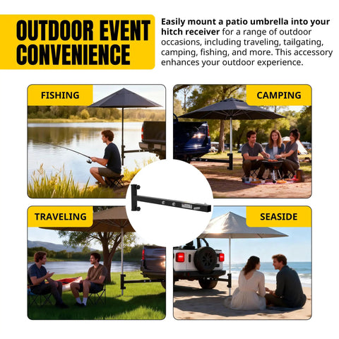 Four outdoor scenes showing hitch mount umbrella holder for 2 inch receivers, heavy duty steel, fits 1 3/8 to 2 inch umbrella shafts.