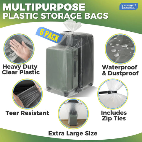 Big Clear Storage Bags Six Pack Extra Large 40 By 60 Inches Waterproof See Through Plastic Bags with zip ties shown with suitcase