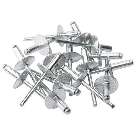 Close-up of 50 Pack Heavy Duty Large Flange Aluminum Blind Rivets 1 8 By 5 16 Inch for automotive and home repairs in silver.