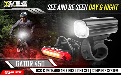 Cyclist using Ultra Bright Front And Rear USB Rechargeable Bike Light Set For Night Riding Water Resistant Headlight And Taillight