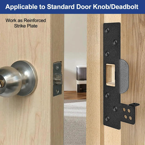 Heavy Duty Security Strike Plate With Integrated Anti Kick Barricade Pins For Badass Front Door Reinforcement And Double Layer Home Protection That Locks Everything Down Tight mounted on wooden door next to standard door knob.
