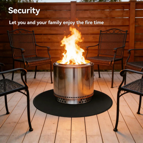 Round Fire Pit Mat For Outdoor Hangouts, Fireproof, Waterproof Spark Shield with Solo Stove on wooden deck, evening setting.