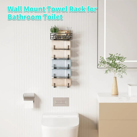 Bathroom wall with Six Tier Over The Door And Wall Mount Towel Rack With Metal Shelf Basket For Small Bathrooms Campers And RVs